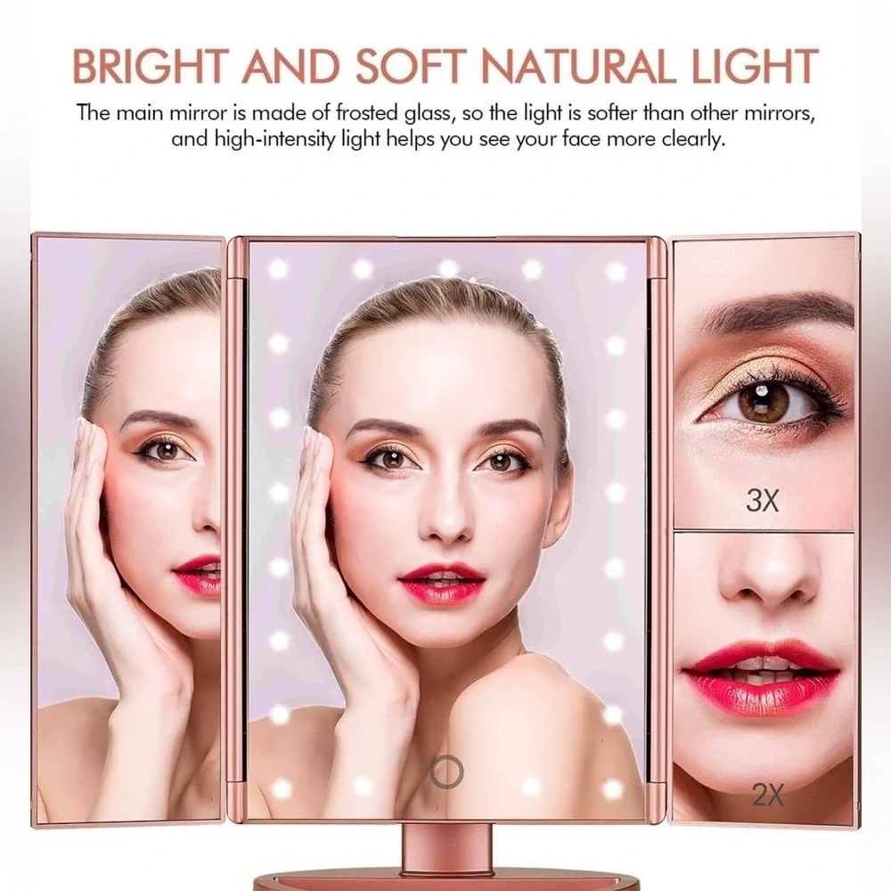 NWT Tri-fold Lighted Vanity Makeup Mirror with 3x/2x Magnification,21 LEDs Light